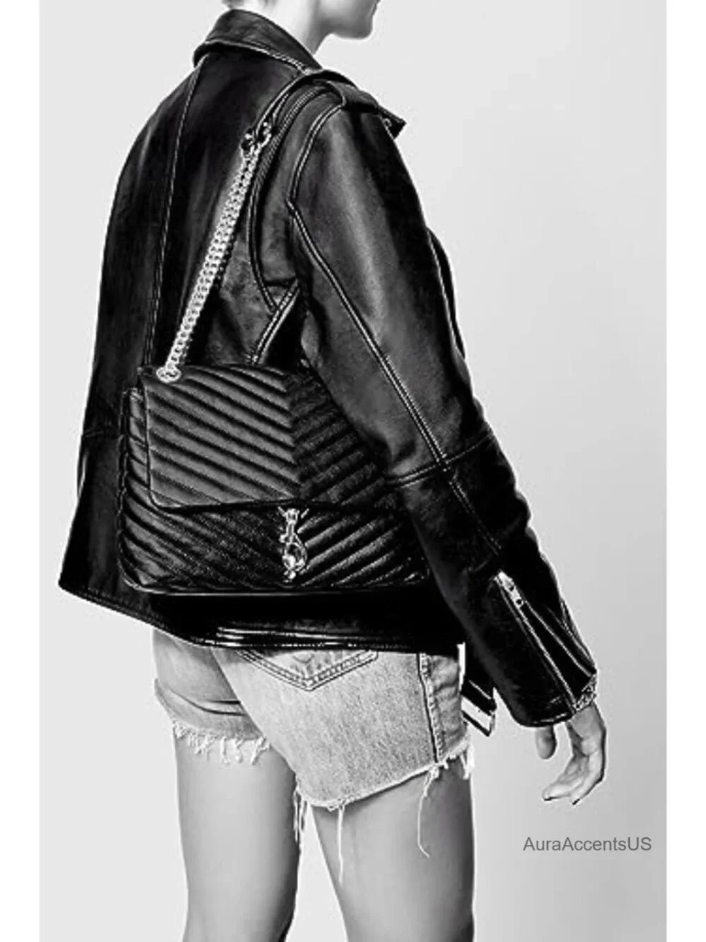 Genuine Leather Flap Shoulder Bag with Chain Strap
